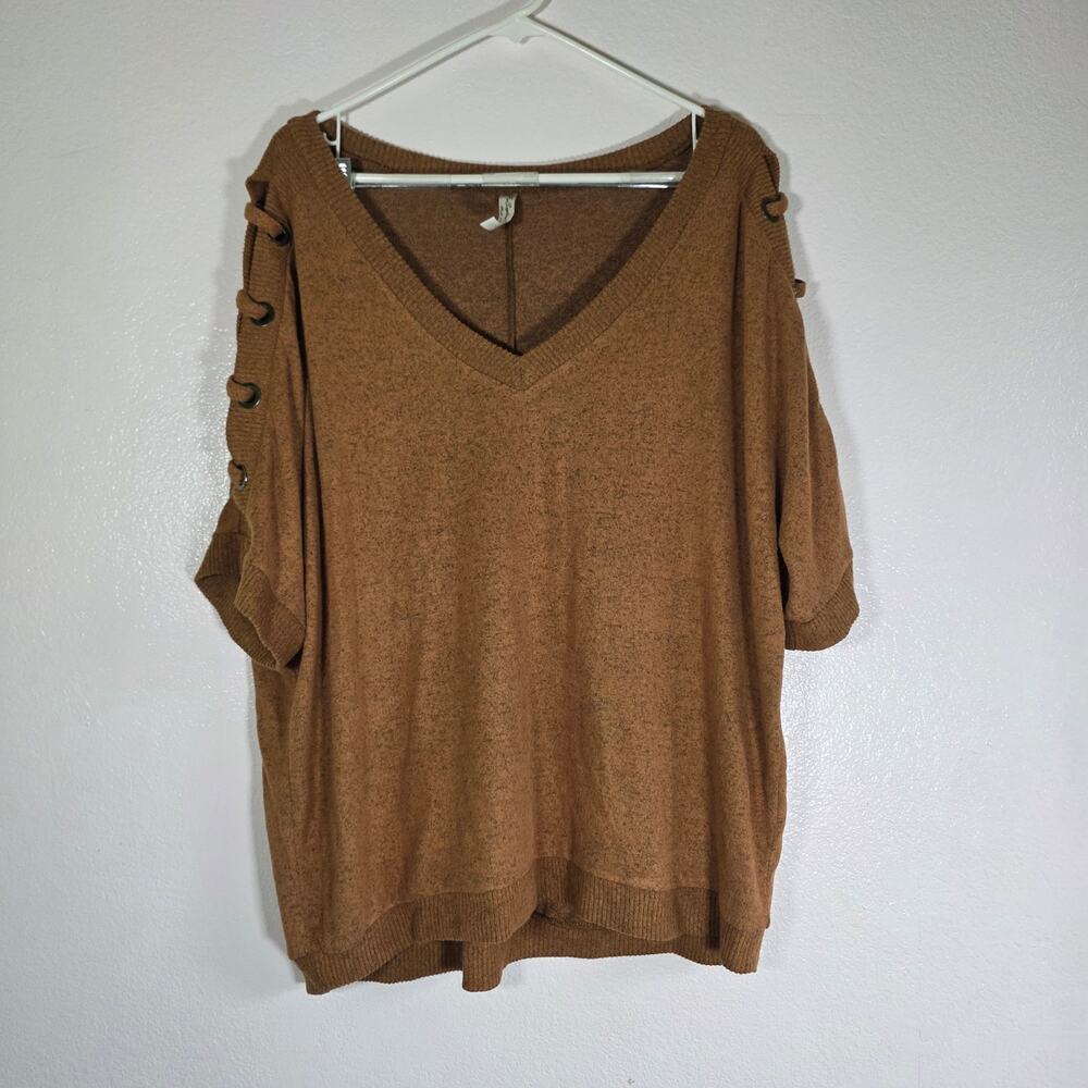 Per Seption Concept Women’s XL Brown Lace Up Sleeve Sweater V Neck Knit Top